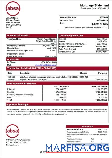 Realistic Kenya Absa Bank mortgage statement Word and PDF template